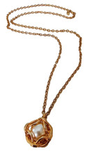 Joan Rivers Caged Faux Pearl Pendant Necklace Gold Tone Chunky 30 in