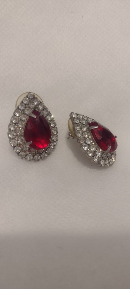 Vtg Red Ruby & Diamond Cubic Zirconia Rhinestone Earrings, Prong Set Silver Tone