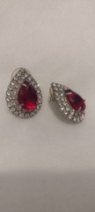 Vtg Red Ruby & Diamond Cubic Zirconia Rhinestone Earrings, Prong Set Silver Tone