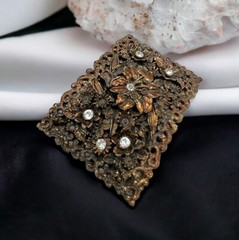 Antique Signed Greenbaum Victorian flowers rhinestone Gold-tone buckle 3.5″