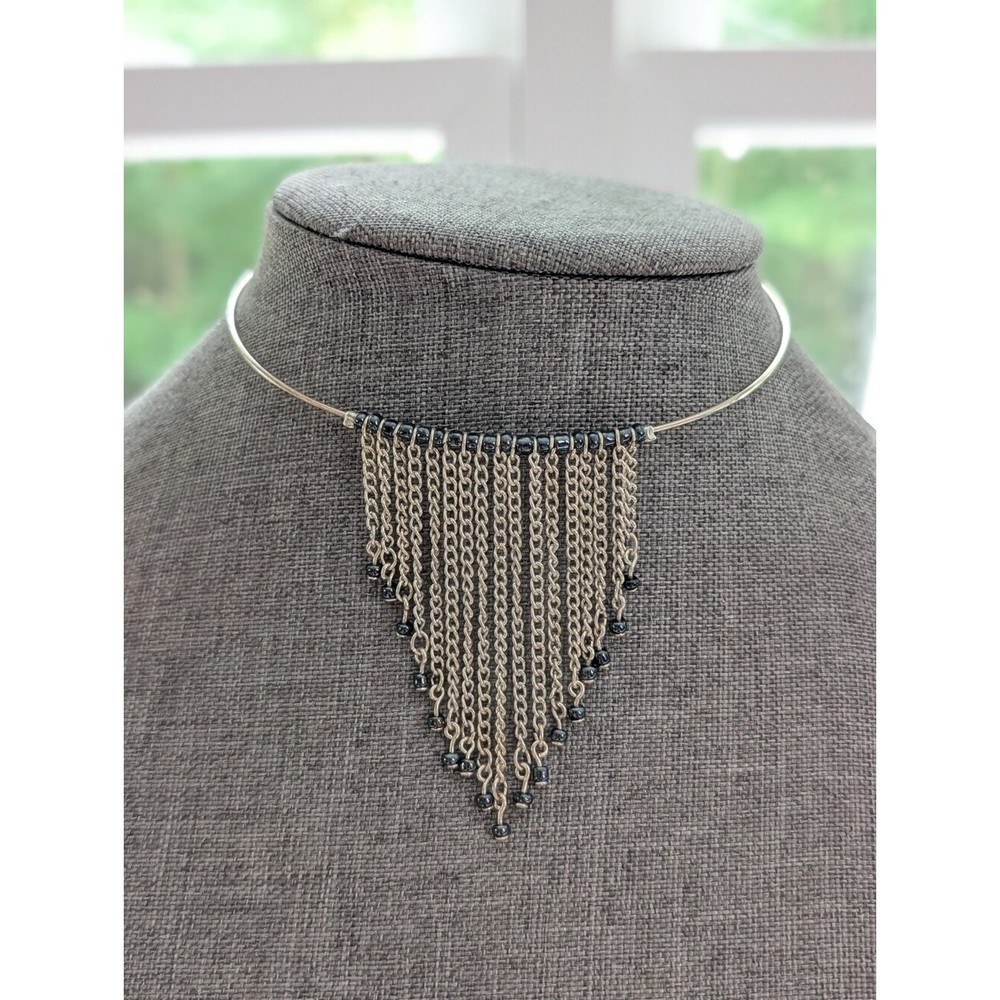 Vintage Silver Tone Y2K Prom Memory Wire Choker Dangle Chain Beaded Necklace
