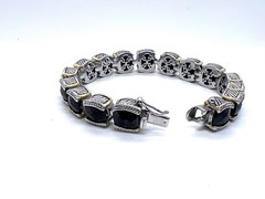 Vintage 90s Silver Tone Black Glass Square Link Bracelet Boho Fashion Jewelry