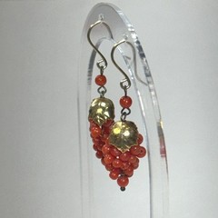 Vintage Gold Tone Red Coral Bead Grape Cluster Drop Earrings French Hook Retro