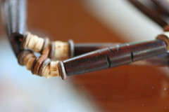 Vintage :* WOOD, LEATHER & STONE*. TIE ORNATE CARVED BRACELET EX CONDITION