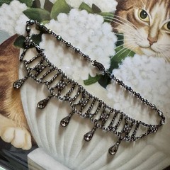Vintage TARA Aurora Borealis Crystal Festoon Necklace Smoky Drops Gunmetal Chain