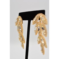 Vintage Crystal Leaf Earrings Drip Dangle Prong Rhinestone Marquise Gold BinAE