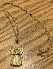 Beautiful Avon Vintage Gold Tone Angel With Blue Rhinestone Pendant Necklace