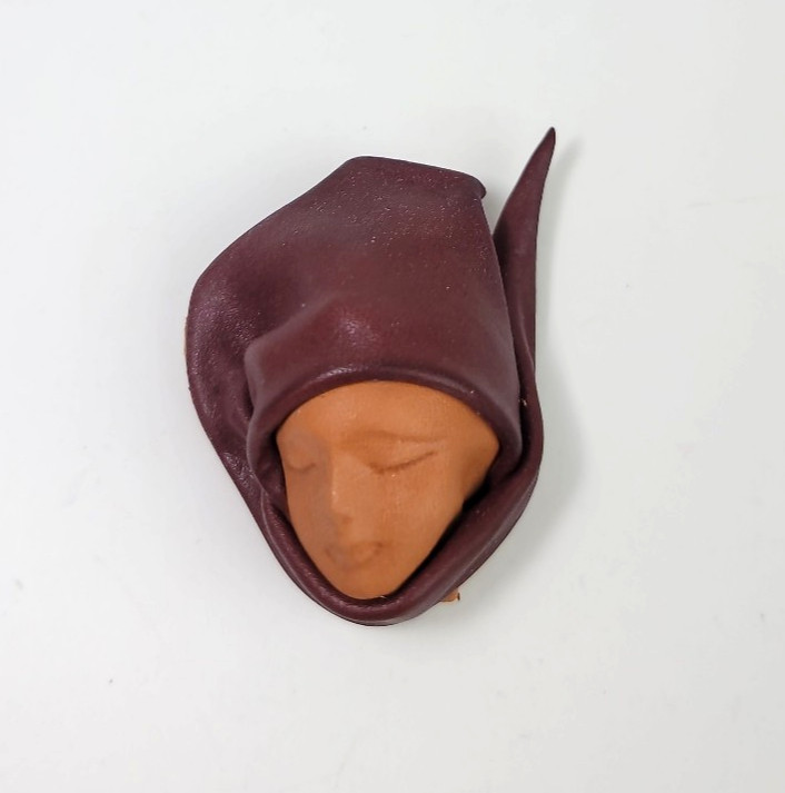Vtg Hand Tooled Leather Artisan Lady Face Brooch Artist Signed 1.5×2 inch Ethnic