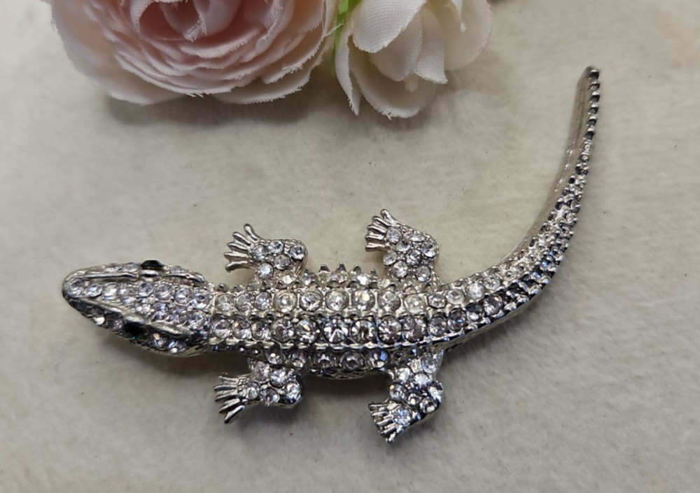 Vintage Alligator Crocodile Crystal Brooch Pin Rhinestone Staement Silver Tone