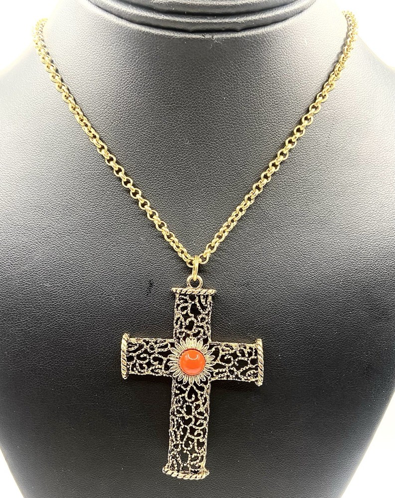 Vintage Estate 2 3/4” Cross Gold Tone Orange Stone with Chain 36”Long Necklace