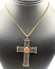 Vintage Estate 2 3/4” Cross Gold Tone Orange Stone with Chain 36”Long Necklace