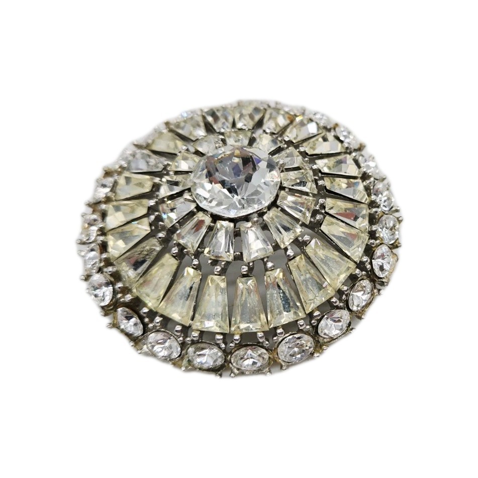 Vintage Round Brooch Crystal Silver tone HUGE Modern Modernist 3D 2.25 in