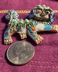Antique Chinese Silver Gilt Enamel Vermeil Filagree Foo Fu Dog Lion Brooch Pin