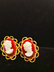 Vintage Red Cameo Post Earrings Gold Tone Filigree Victorian Revival