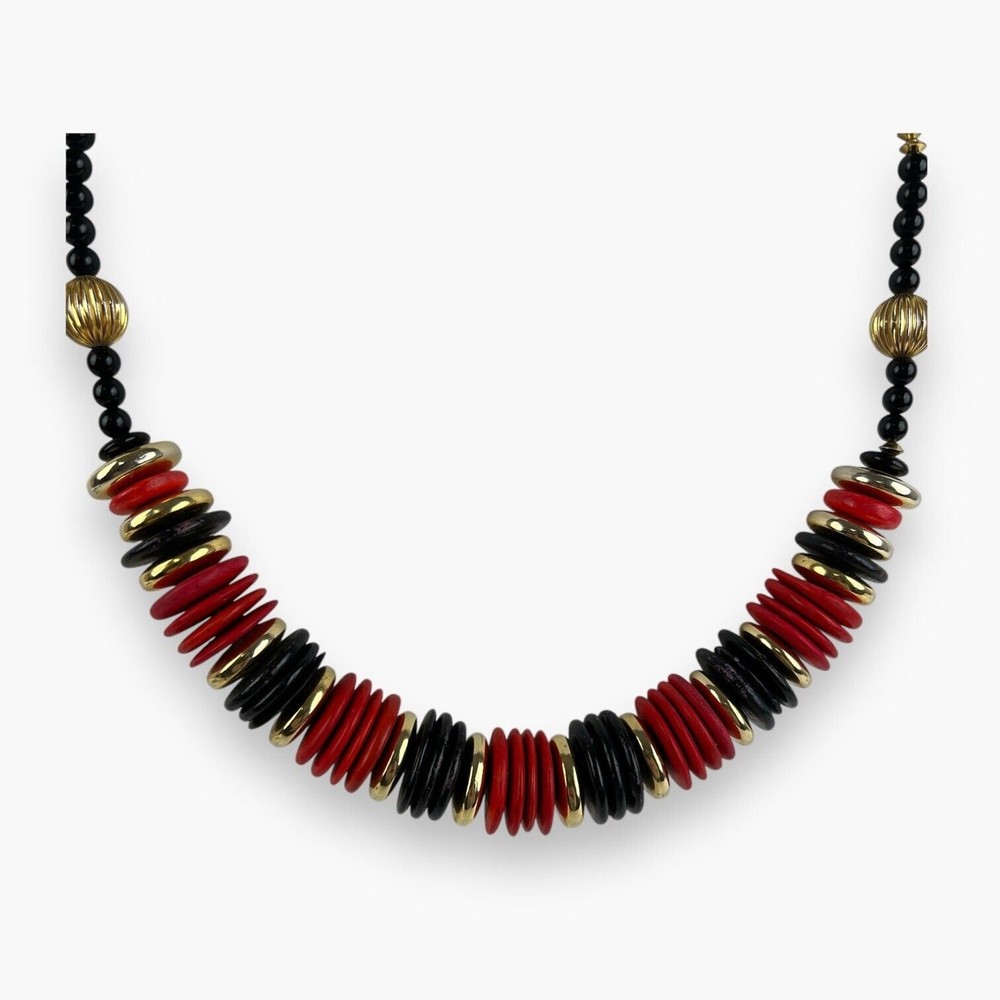 Vintage Artisan Beaded Necklace Chunky Red Black Gold Disc Wood Acrylic Metal