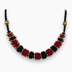 Vintage Artisan Beaded Necklace Chunky Red Black Gold Disc Wood Acrylic Metal