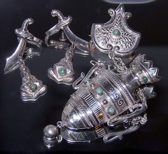 Sterling Silver Turquoise Genie Brooch Pin Earrings SET Simitar Sword Mexico 30g