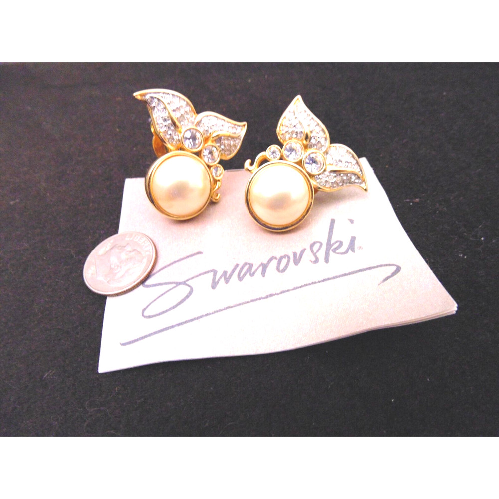 NOS 80s Swarovski Crystal Mabe Pearl Pave Rhinestone Gold Clip Earrings SAL