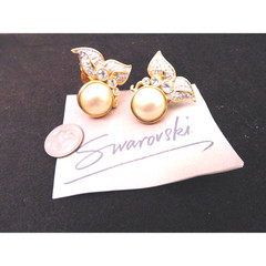 NOS 80s Swarovski Crystal Mabe Pearl Pave Rhinestone Gold Clip Earrings SAL