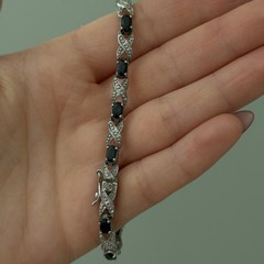 Vintage 925 Sterling Silver Genuine Sapphire & Diamond XO Tennis Bracelet 7″