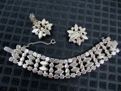 Vintage Silver Smoky Gray Navette Rhinestone Bracelet Earrings Set Kramer Style