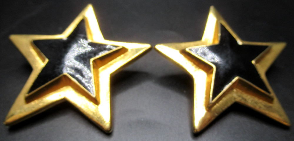 ESCADA Black Enamel Golden Stars HUGE Vintage Clip Earrings