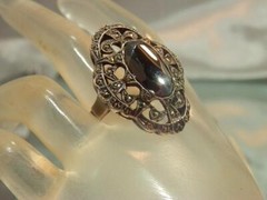 Vintage 40’s Queenly Sterling Signed Jet Marcasite 925 Size 7.75 Ring 595o2