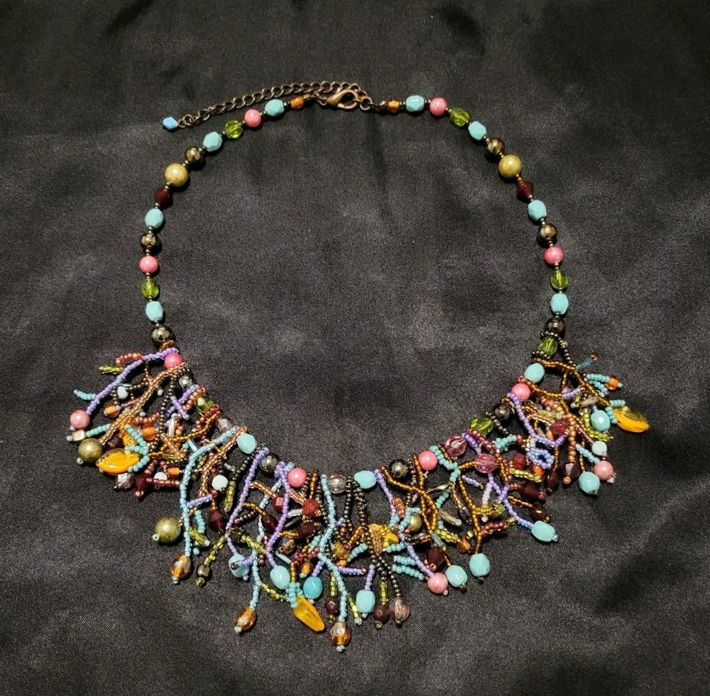 Boho Multi Color Seed Bead Fringe Cluster Collar Necklace Antique Bronze Tone
