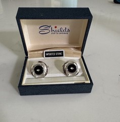 Shields Vintage Silver Tone Black Round Cufflinks Bullet Back Rhinestone Accent