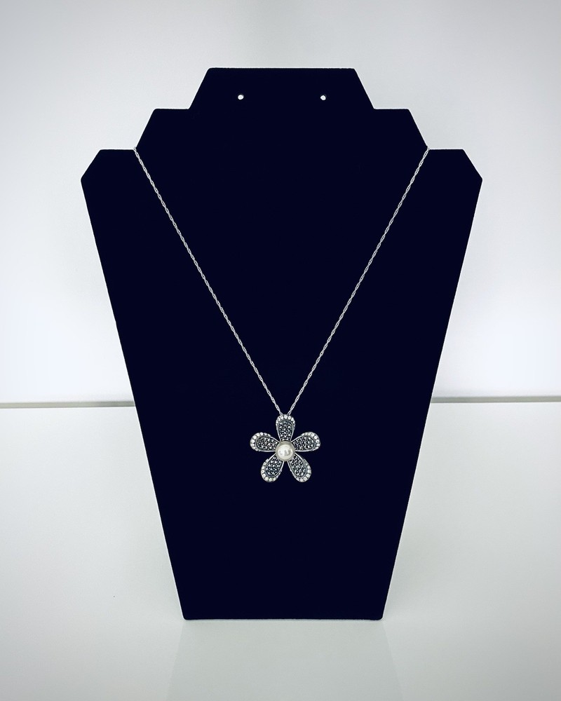 VINTAGE SLC Pearl CZ Marcasite Sterling Silver Flower Necklace | Brand New, 18”