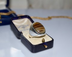 Vintage Handmade Sterling Silver Banded Agate Signed Bold Signet Ring Size 9.5