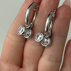 Milor Italy 925 Sterling Silver Clear CZ Bezel Set Dangle Hoop Earrings Sparkly