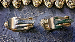 vtg Judy-Lee signed bronzetone iridescent glass cabochons bracelet earrings set