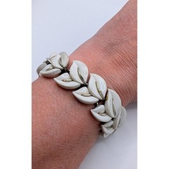 Vintage Kramer of New York White Enamel Leaf Bracelet Silver Tone Mid Century