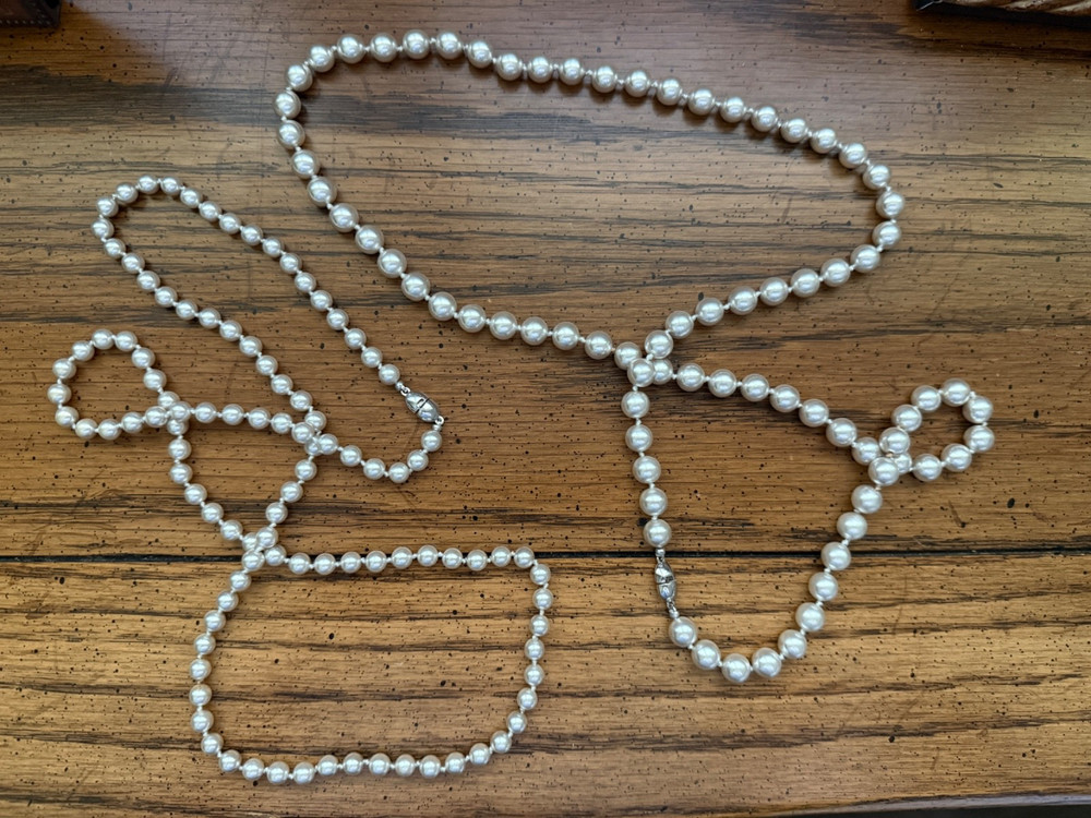 Monet Hand Knotted Glass Pearl Necklace 30″ Lot of 2 Vintage