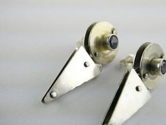 Vintage IC Signed Handmade Sterling Silver Iolite Modernist Earrings 925 1.25 In