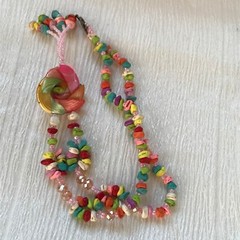 Colorful Faux Stone Nugget & Pale Pink Plastic Bead with Seashell Flower Pendant