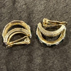 Gold Tone Green And White Rhinestones Clip On Earrings Approx 1”