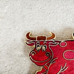 Modern Unsigned Red Enamel Cartoon Cow Brooch Gold Tone Accents Pin Farm