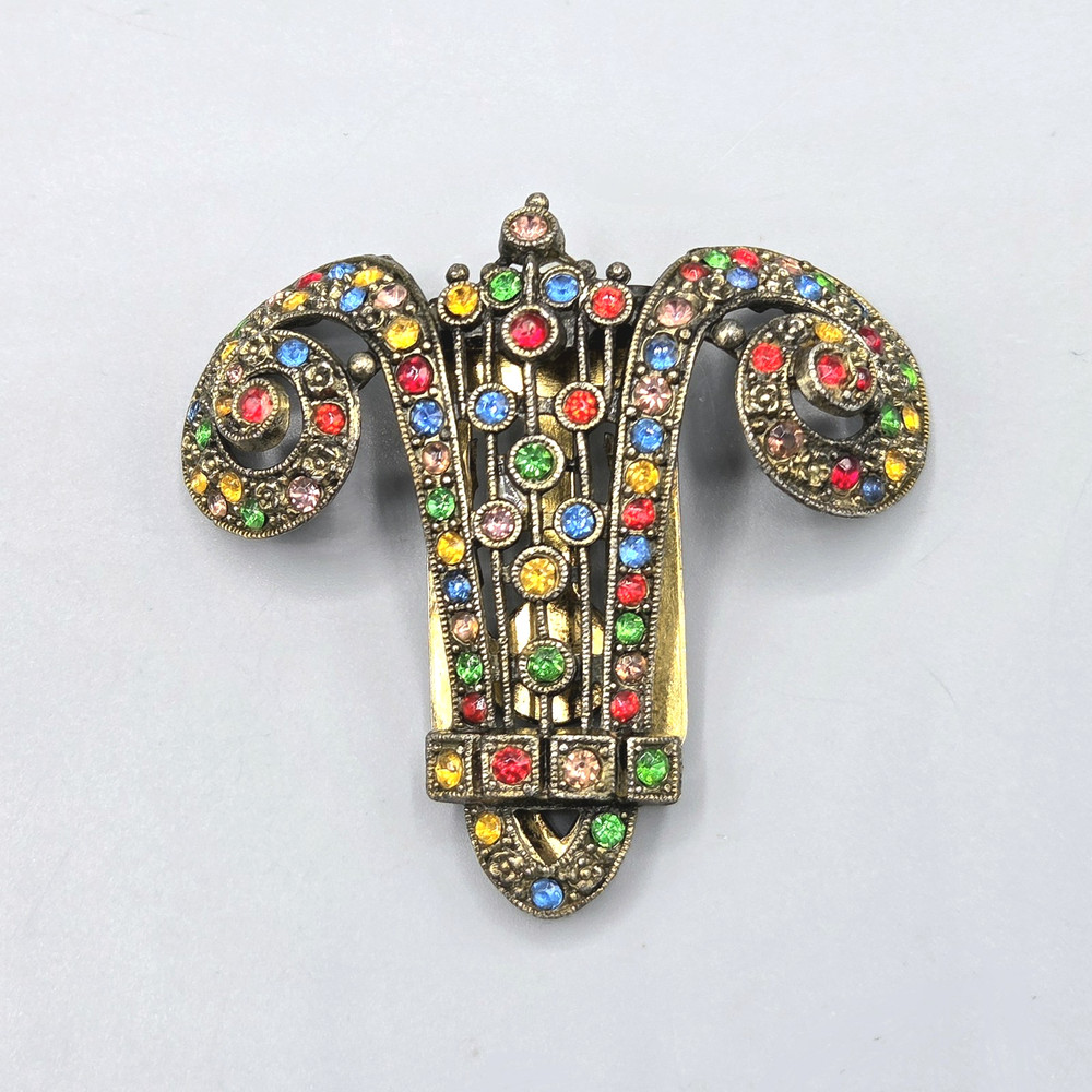 Art Deco Multi Color Paste Rhinestone Gilt Feminist Dress Clip
