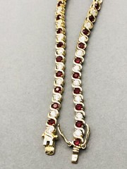 Vtg. 925 Gold Vermeil Ruby Colored Rhinestones & Cubic Zirconia Tennis Bracelet