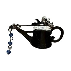 Watering Can Brooch Pin Green Enamel Floral Blue Dangle Beads Gardening Nature