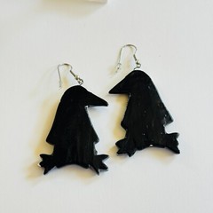 VTG Tuxedo Penguin Wood Earrings statement dangle Pierced Painted Chunky Figural