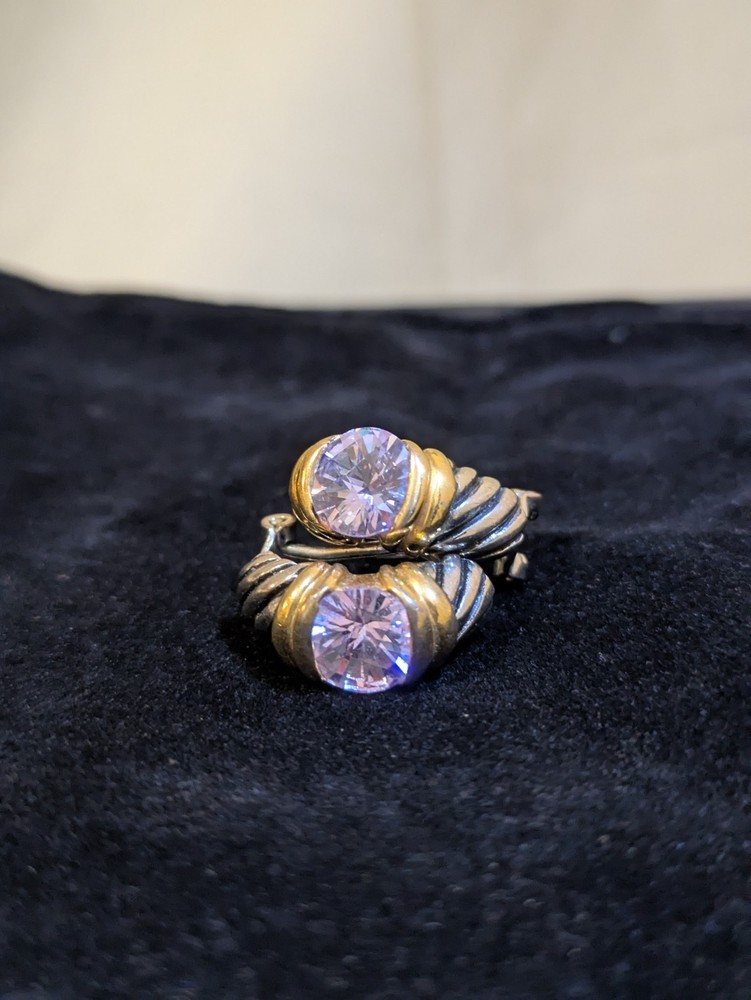 Vintage Gold And Silver Toned Earrings With Amethyst Colored Crystal