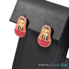 VTG Pink Matryoshka Russian Nesting Doll Enamel Gold Tone Stud Pierced Earrings