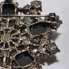 Vintage Flower Rhinestone Brooch 45mm Black Clear Lucite Burst Gunmetal Tone