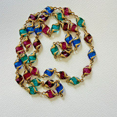 Vintage Swarovski Swan Signed Caged Multicolor Glass Gold Plated Necklace 36”