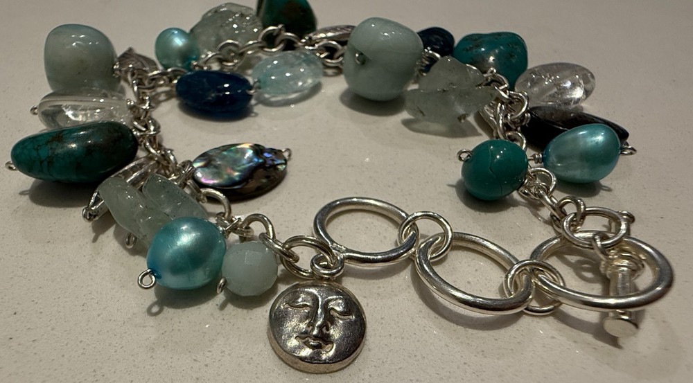Vintage Signed Sajen 925 Sterling Silver Multi-Gemstone Charm Bracelet Moon Face