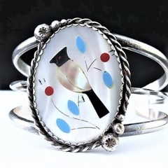 Vintage Zuni WOODPECKER Multi-Stone Flush Inlay Sterling Silver Cuff Bracelet