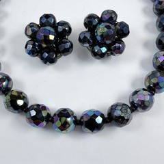 VTG West Germany Peacock Aurora Borealis Crystal Beaded Necklace & Clip Earrings